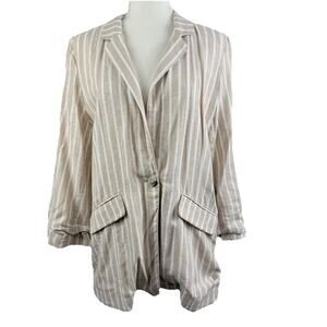 BP. Beige Striped Boyfriend Blazer Small Cinched 3/4 Sleeve Oversized Neutral